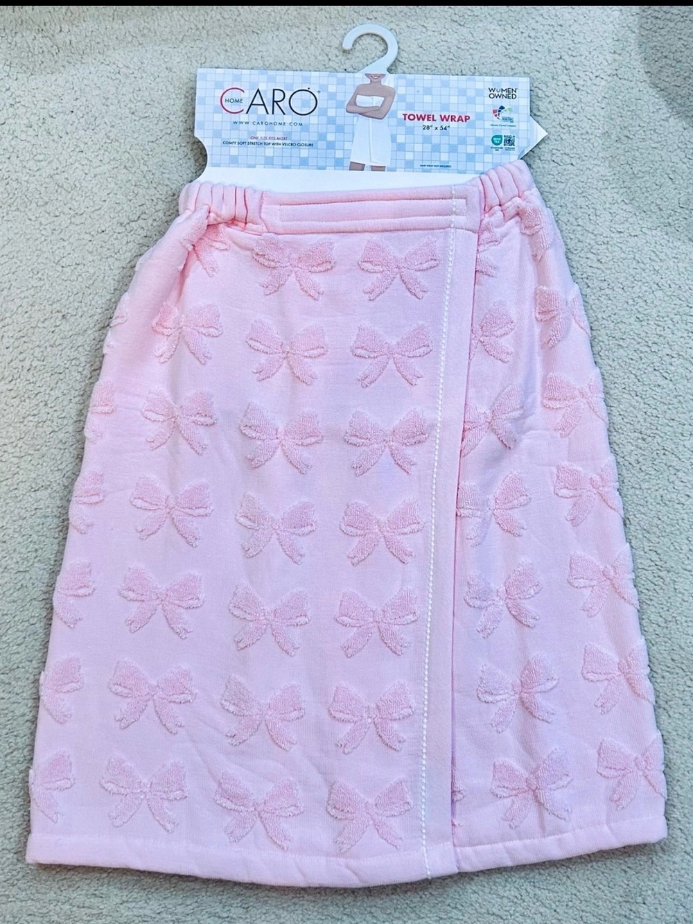 NWT Caro Home Coquette Pink Bow Bath Shower Velcro Towel Wrap 28”x54”